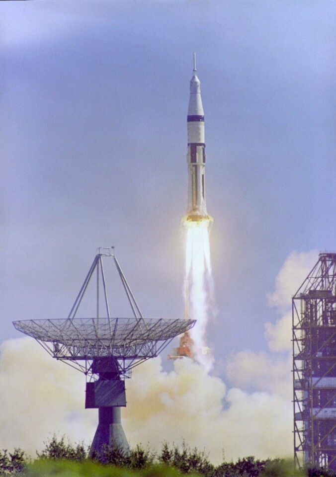 The Apollo 7 Saturn IB space vehicle is launched from the Kennedy Space Center's Launch Complex 34 at 11:03 a.m. October 11, 1968
