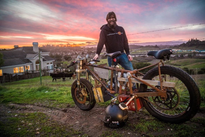 Luke Workman, AKA LiveforPhysics, with the Death Bike electric drag racer.