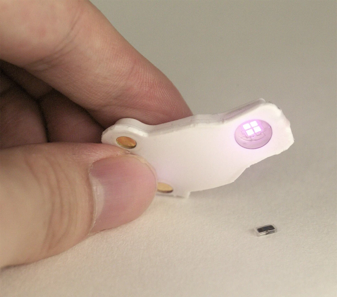 When the wearable device (left) detects an irregular heart rate and blinks infrared light, its light shines through the skin and activates the tiny pacemaker's light-sensitive switch
