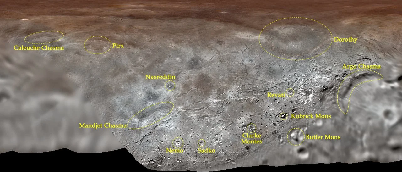 The names of features on Charon were taken from fictional and real explorers and visionaries