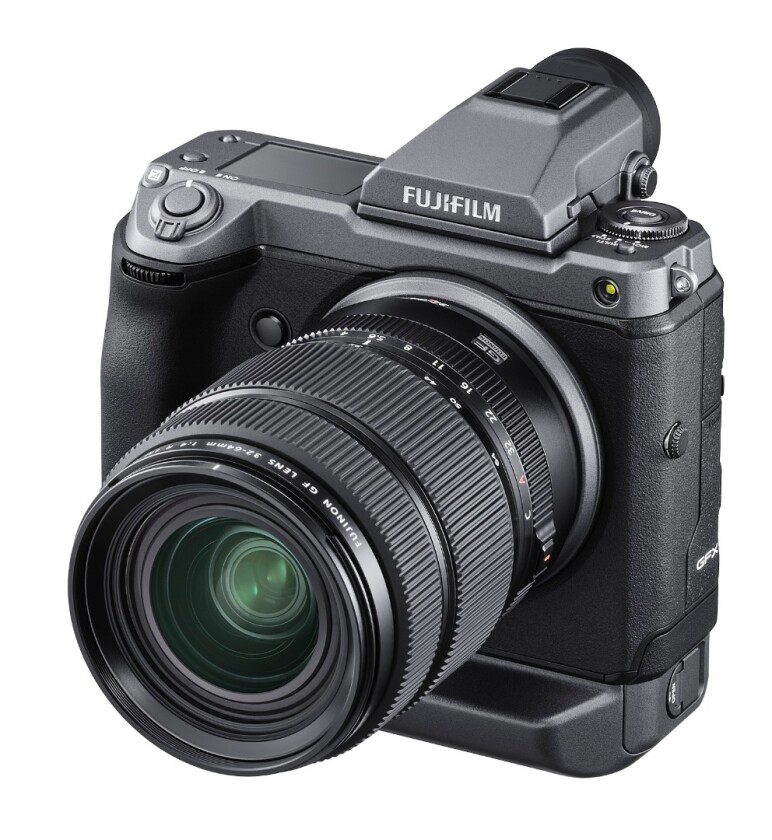 The GFX100 features a detachable Electronic Viewfinder and is compatible with Fujifilm G Mount lenses
