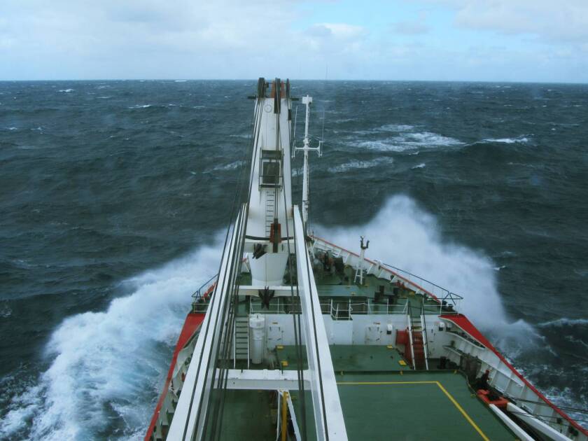 A research vessel investigating the effects of human-created carbon dioxide emissions on the seafloor, which is found to be dissolving at an increased rate