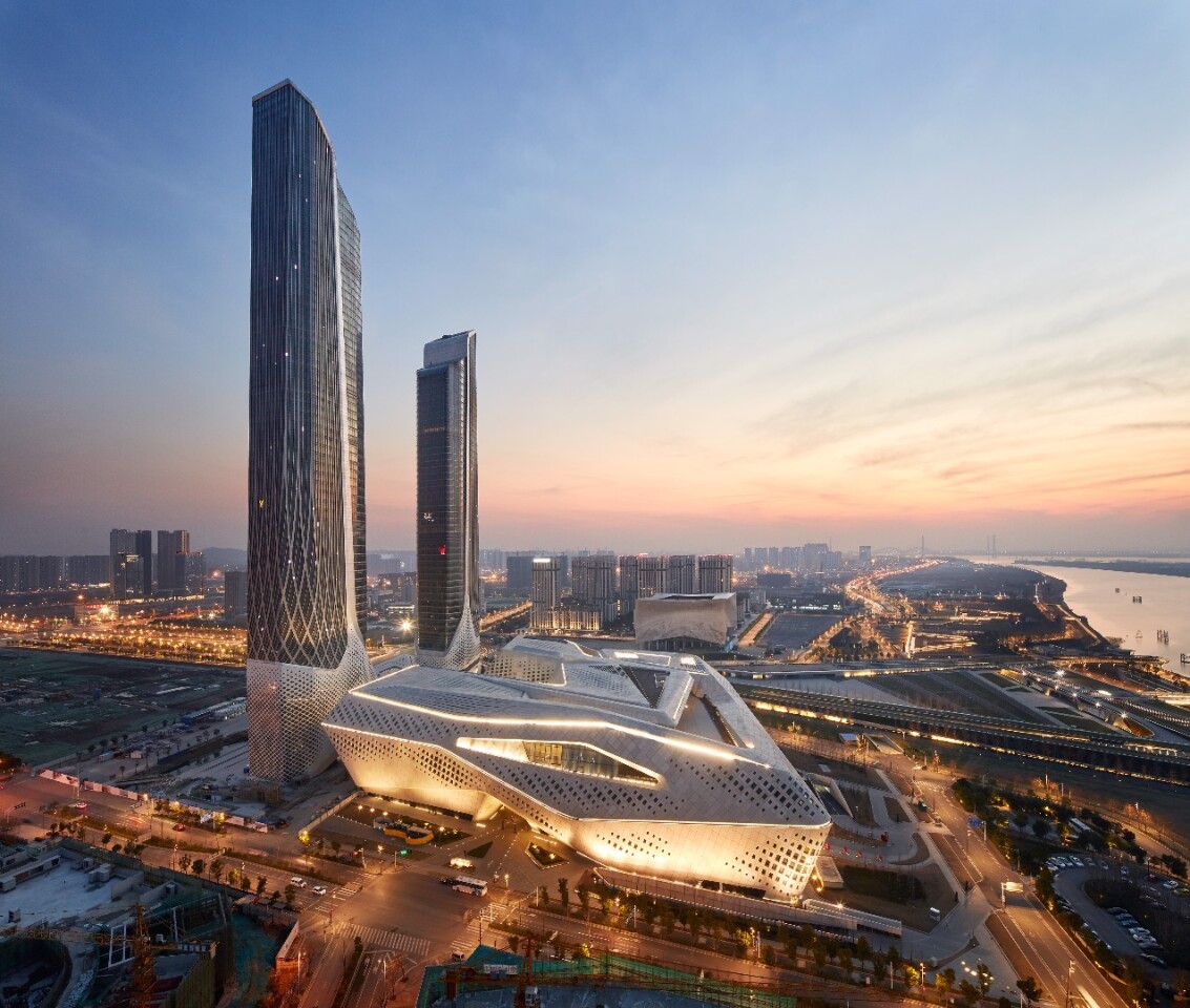 The Nanjing International Youth Cultural Centre includes office space, two hotels, and the cultural center itself