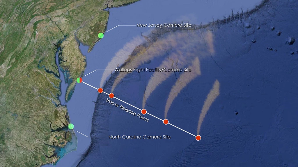The red points on the map indicate the deployment points of the chemical tracer (Photo: NASA/Wallops)