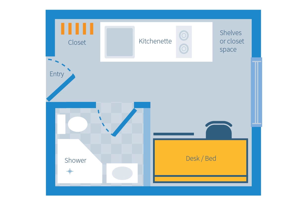 A plan of the Nano suite with the bed folded away to be used as a desk