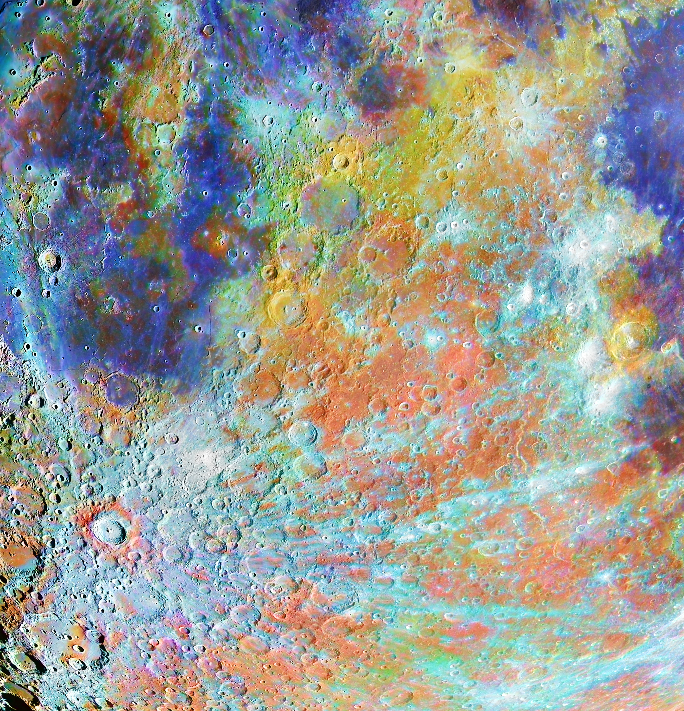 Winner - Our Moon. Tycho Crater Region with Colours. These colours come mainly from metallic oxides in small balls of glass and can give useful information about the Moon’s geology and history. The blue shows a high titanium oxide concentration and the red shows high iron oxide concentration