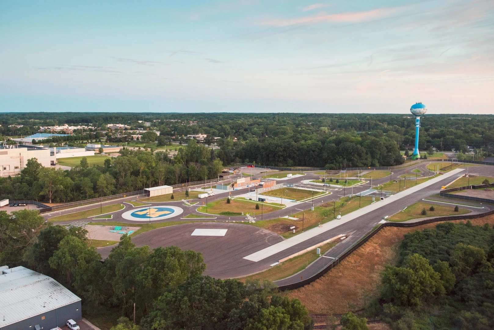 This aerial view of Mcity's autonomous vehicle sandbox highlights the north/south stretch of road for researchers to test GPS accuracy