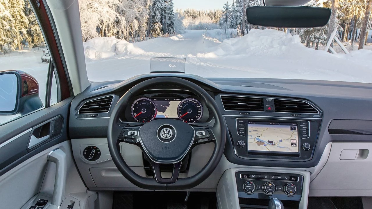 A wintery view out the windshield of a Tiguan