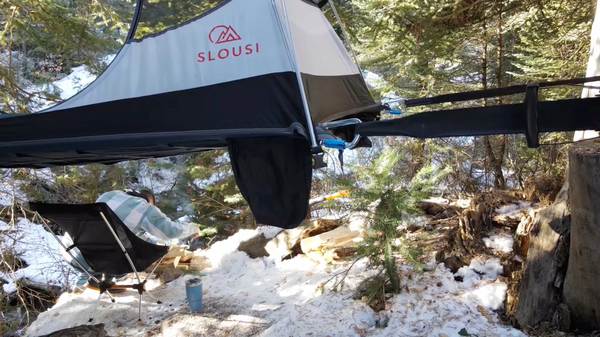 The slack lines are fastened to the base via included carabiners