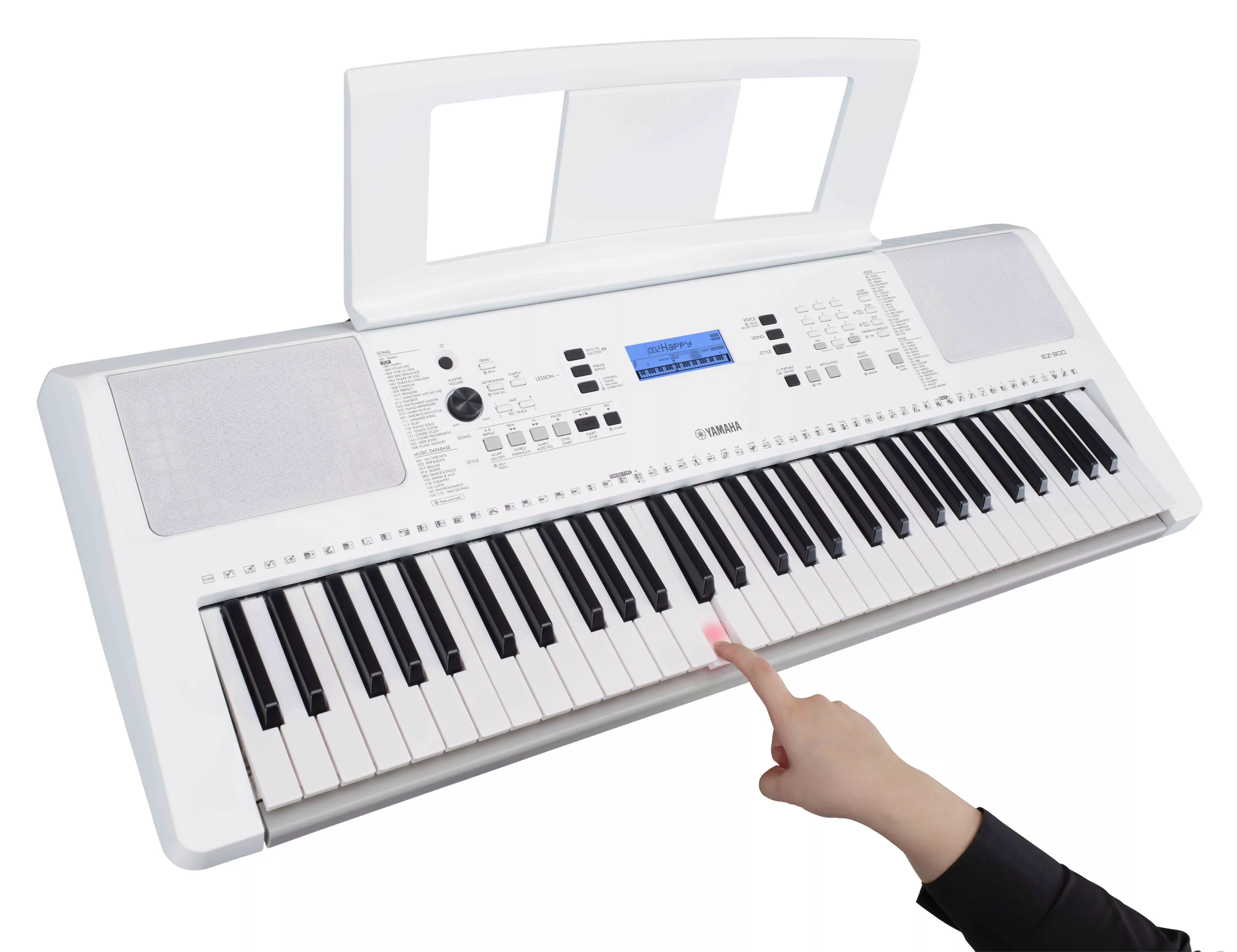 The student selects a song, and then hammers down a key when it lights up red