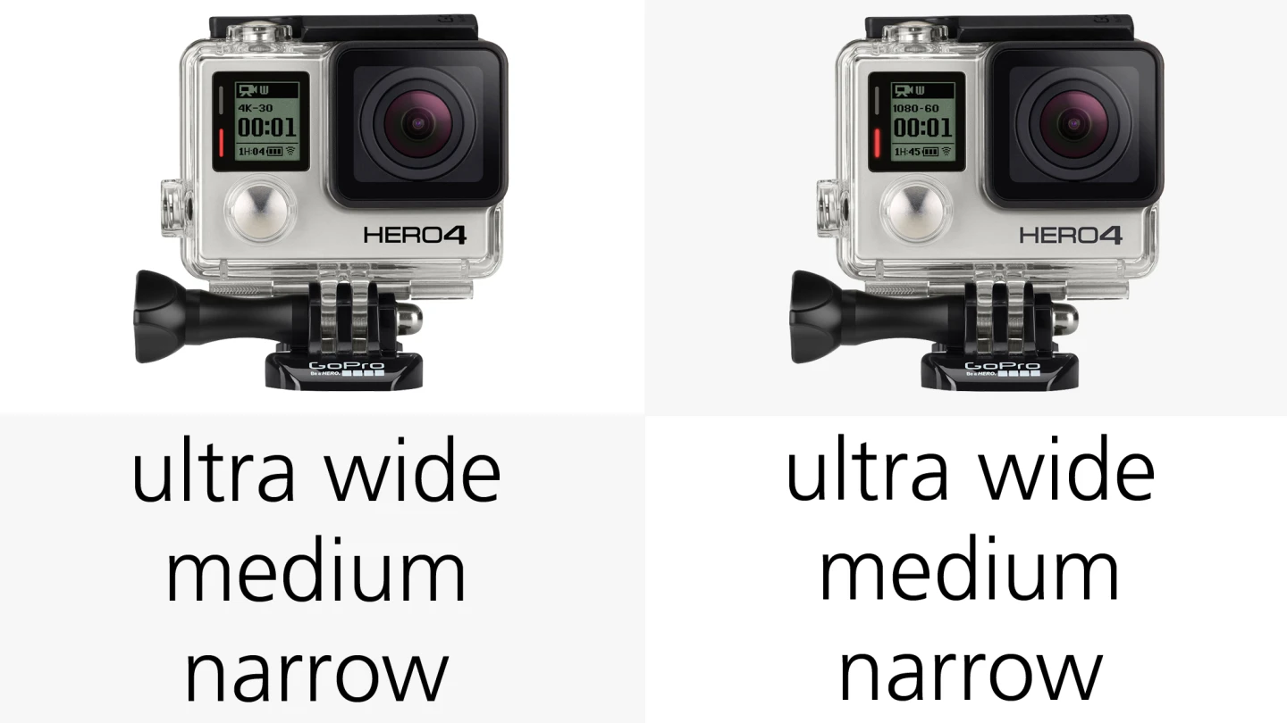 All of the GoPro Hero3+ or Hero4 cameras can shoot in wide, medium or narrow modes