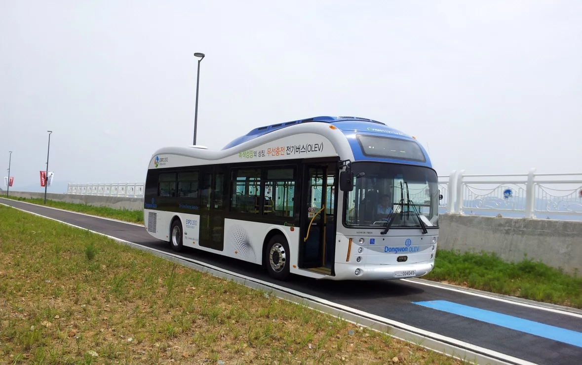 One of Gumi's two new buses that will draw power from the road using the Online Electric Vehicle (OLEV) system