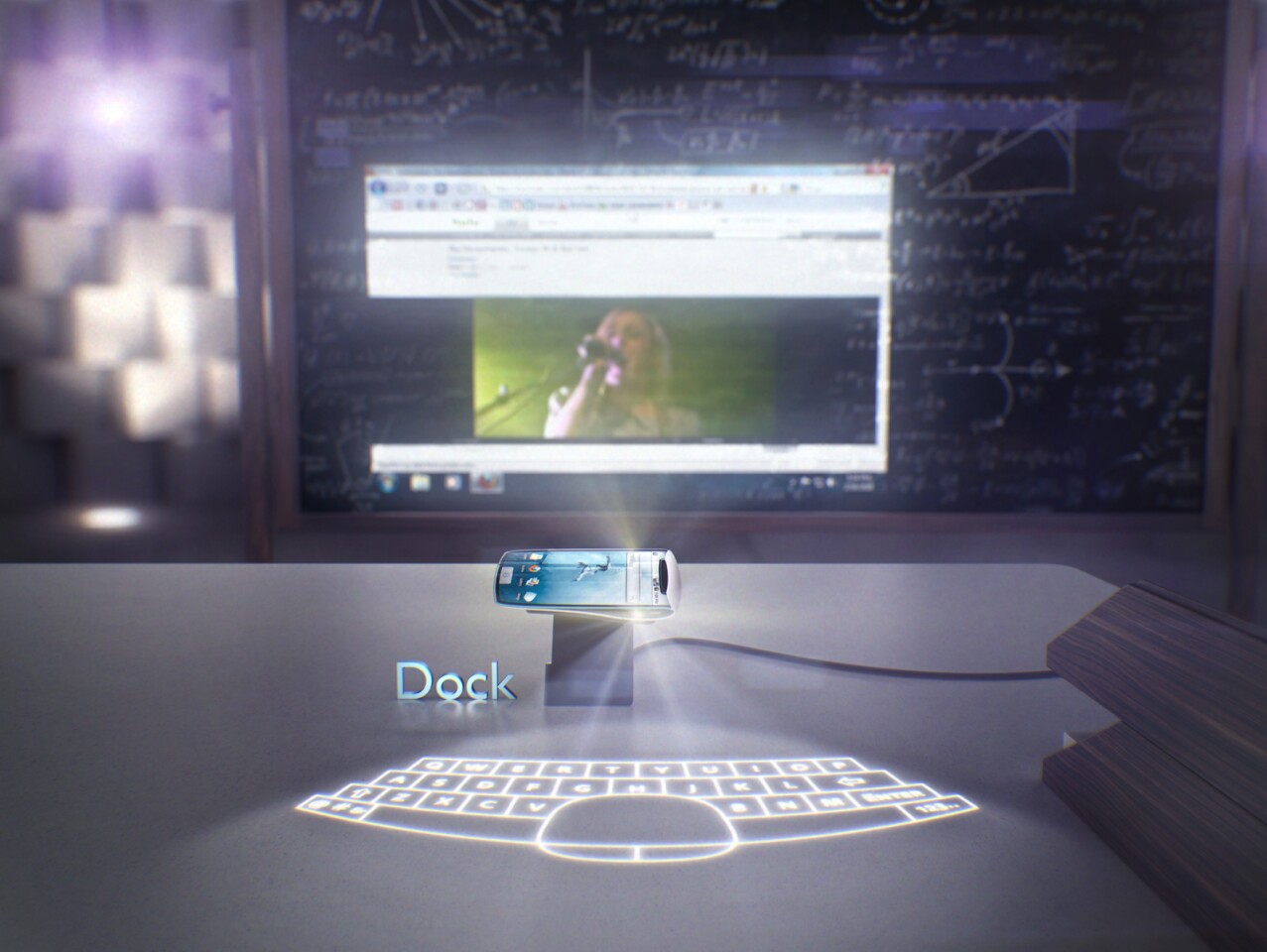 A dock allows the projectors to display the screen and a virtual keyboard
