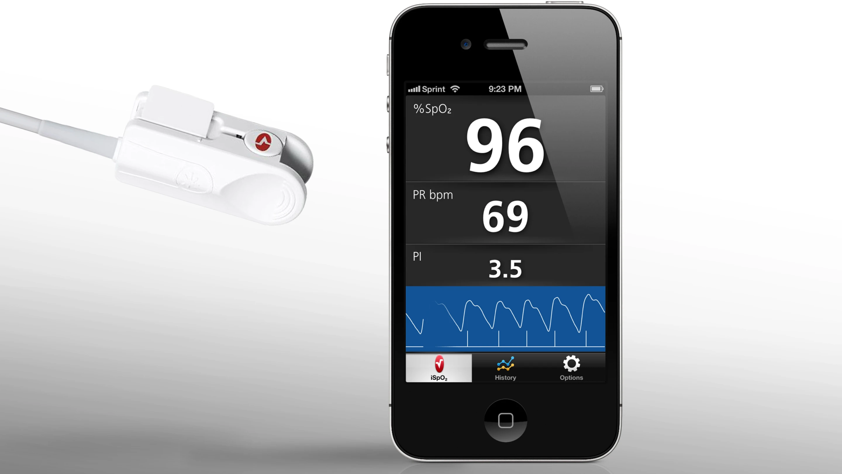 Masimo's iSpO2 connects to a free iPhone app