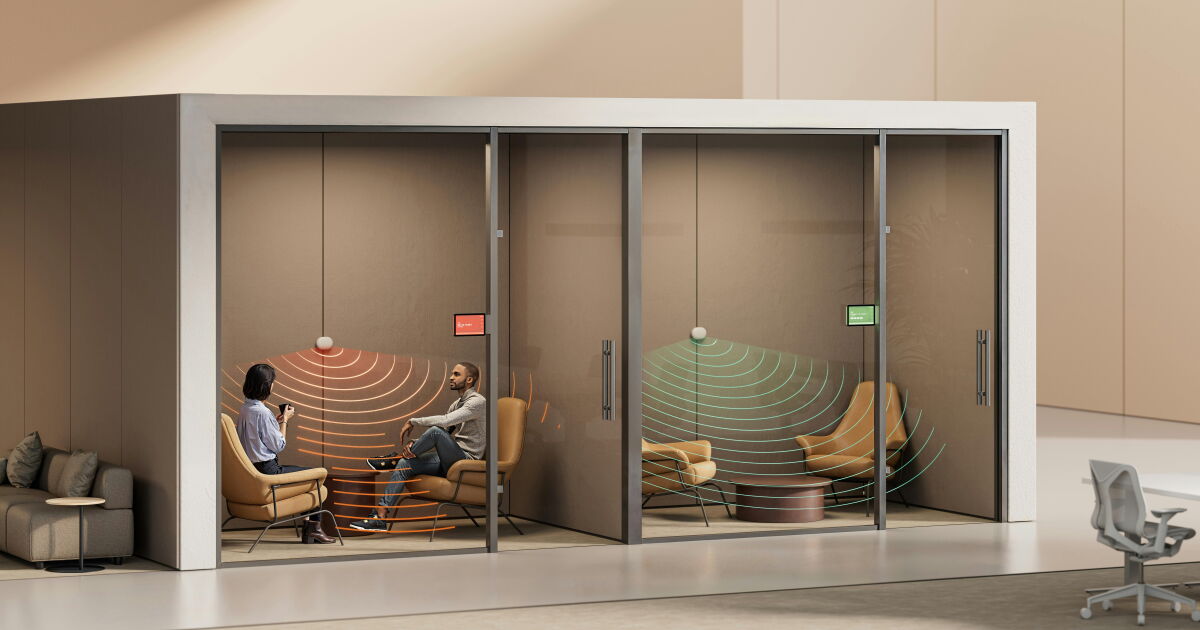 Mounted inside office meeting pods, Logitech Spot uses mmWave radar to monitor room presence and occupancy status in real time