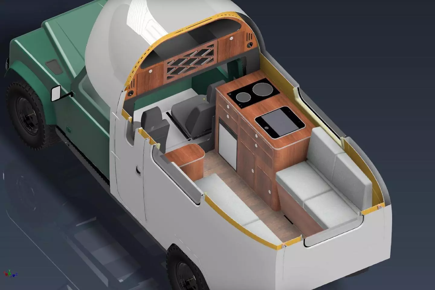 An initial Aerover interior rendering shows a layout with rear dining lounge/convertible bed, kitchen block and alcove storage area