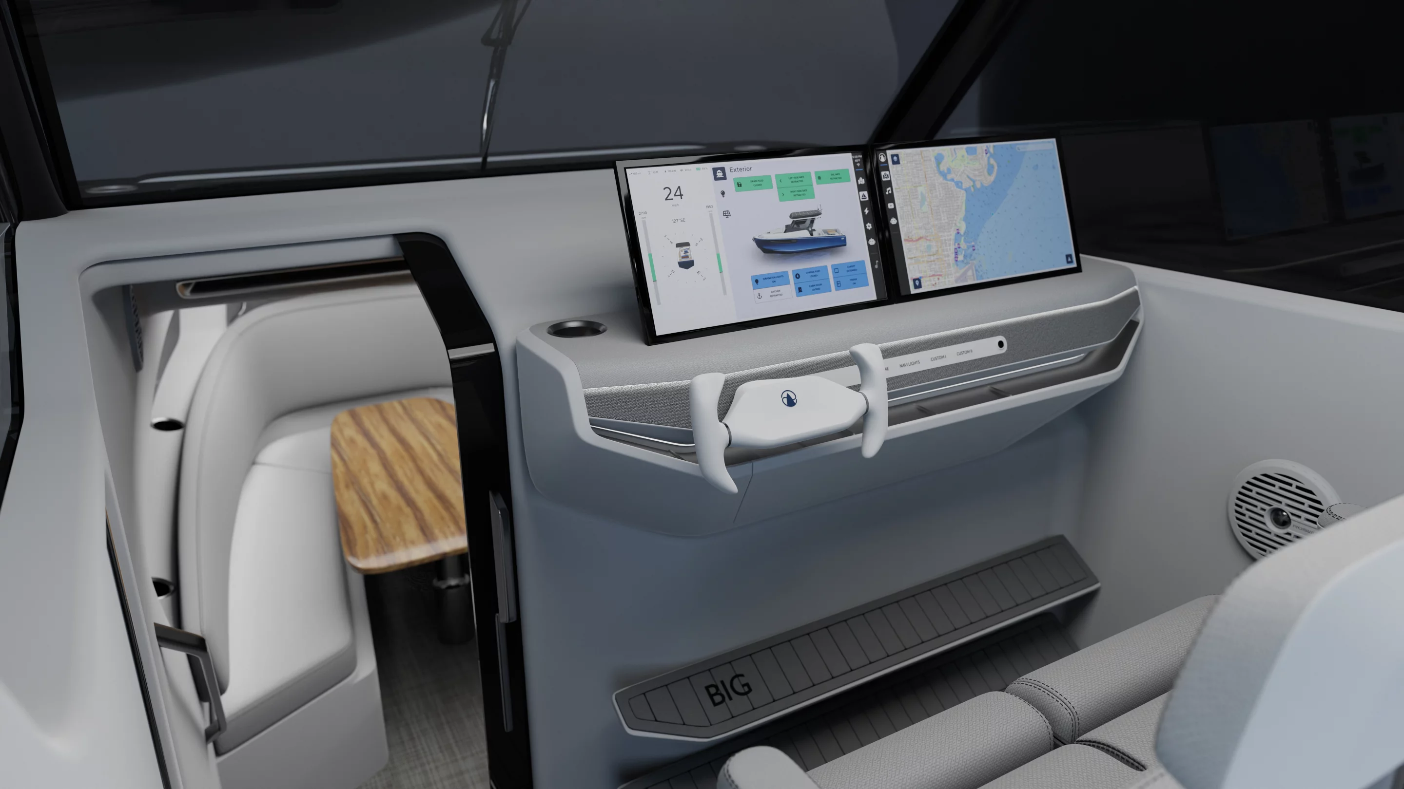 The helm features yoke steering and a dual-screen infotainment system