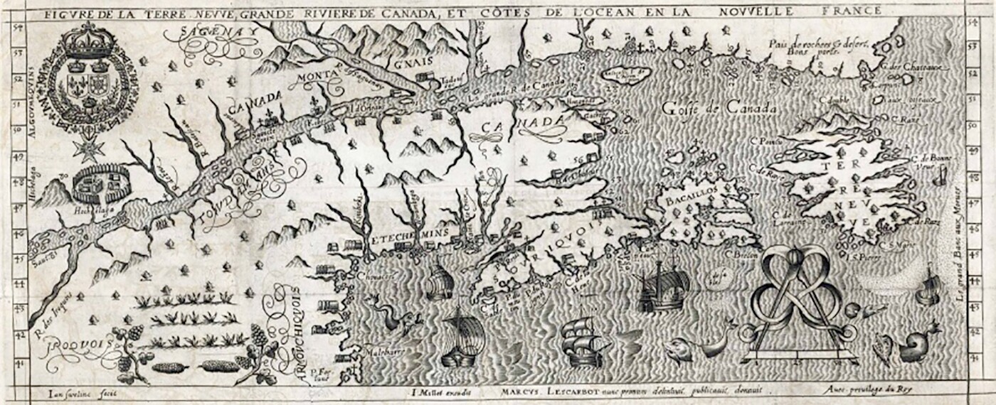 A First Edition in English of Nova Francia: Or the Description of that Part of New France, which is one continent with Virginia by Marc Lescarbot, a cornerstone work on the French settlements in Canada, including the above map which pre-dates Champlain's famous map of the area which now resides in the Library of Congress. Marc Lescarbot was a Protestant lawyer who spent more than a year in America as part of the expedition that founded Port Royal in Nova Scotia, arriving in 1606 and this book was published to encourage settlement in the New World. The map extends up the St. Lawrence River as far as the Indian village Hochelaga, or Montreal as we now know it. Kebec is shown for the first time on a printed map in its Micmac form, meaning the "narrows of the river." This particular copy was previously sold by Christies as part of the famous Frank S. Streeter Collection on April 17, 2007, fetching $144,000. It sold for $247,500 at a Christies auction on June 15, 2017