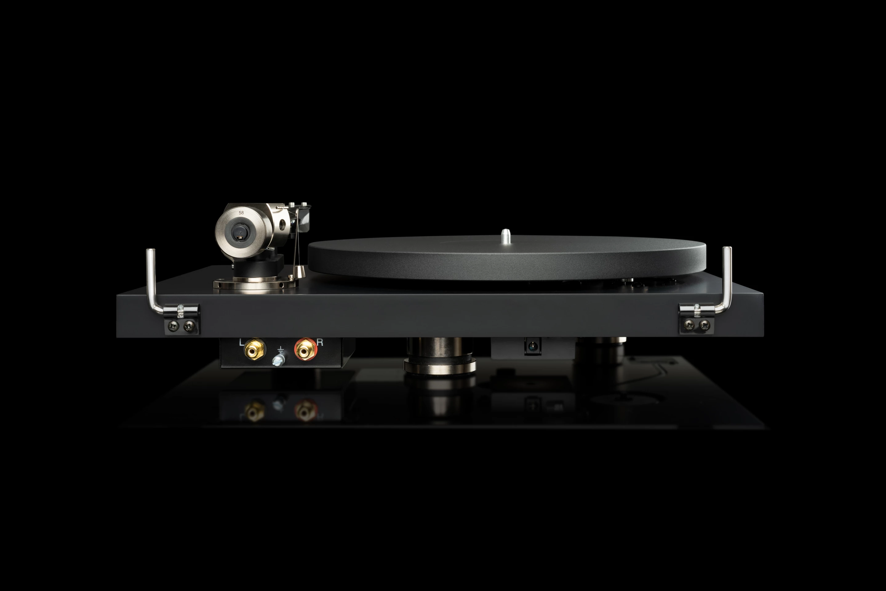 Rear view of the Debut Pro, showing gold-plated RCA connectors, mounts for the included dust cover and power port