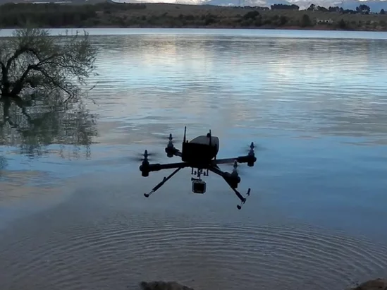 The UAV looks very similar to the Octo-Copter used by Autodesk, though it flies with only four propellors rather than eight (so, a quadro-copter, then)