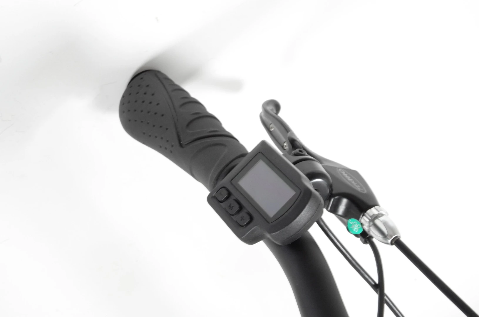 The small speedometer on the left handlebar can be used to change the level of electric assistance on the Air-33 eBike