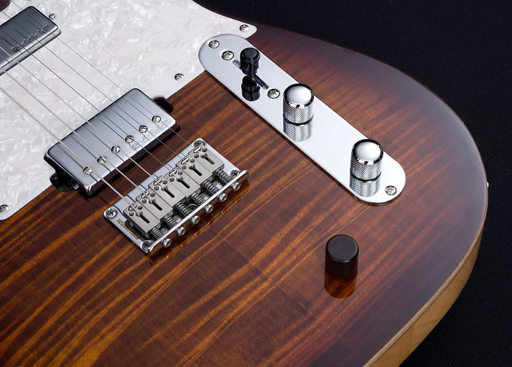 Finger-picking acoustic sounds are provided by a hardtail Fishman VT Powerbridge and Fishman Powerchip, with volume controlled by a wooden knob positioned behind the bridge