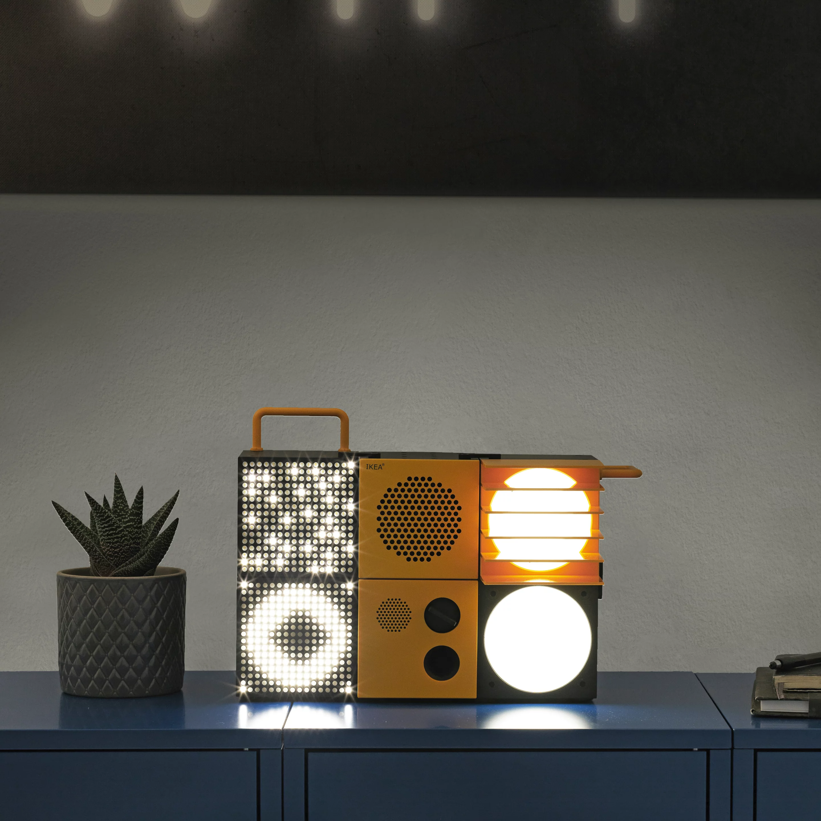 Lighting and speaker modules can be combined into a funky single block