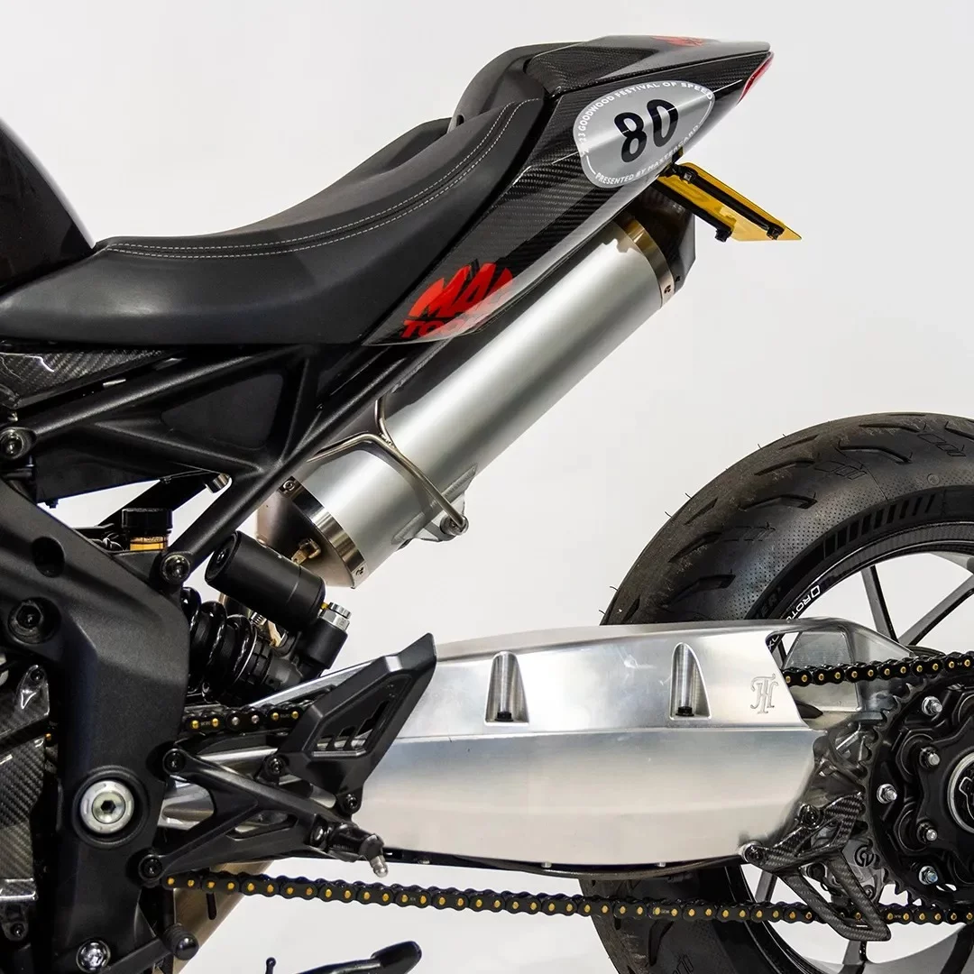The charger is fed methanol from the billet aluminum swingarm in this setup