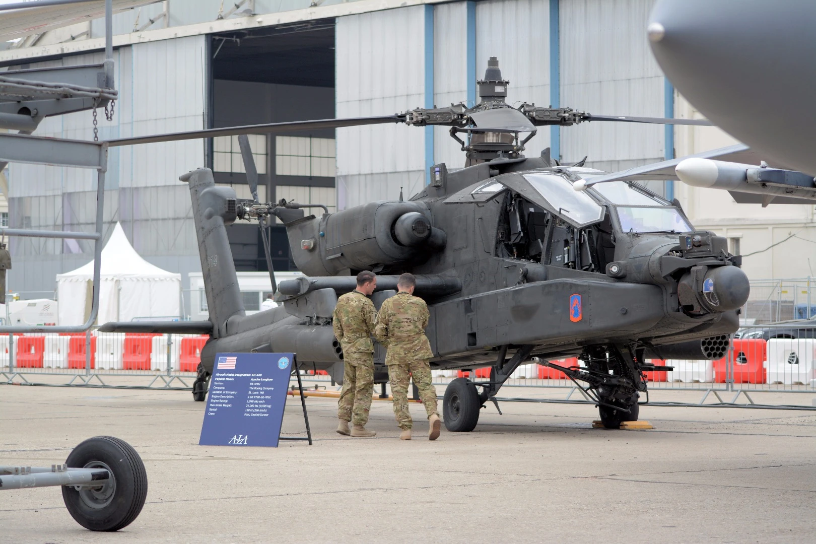 An AH-64D helicopter, otherwise known as an Apache Longbow. The 2 GE T700-GE-701C engines deliver 1,940 shp each and power the helicopter up to a top speed of 160 kt (296 km/h)