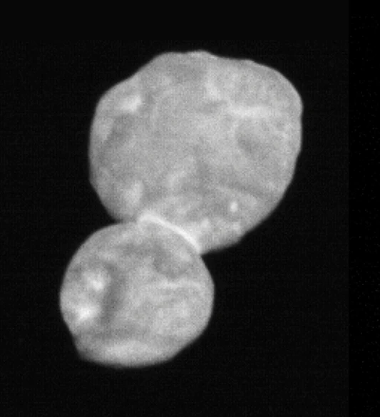 This image of Ultima Thule was taken by New Horizons from a distance of 18,000 miles (29,000 km), with a scale of 459 ft (140 m) per pixel
