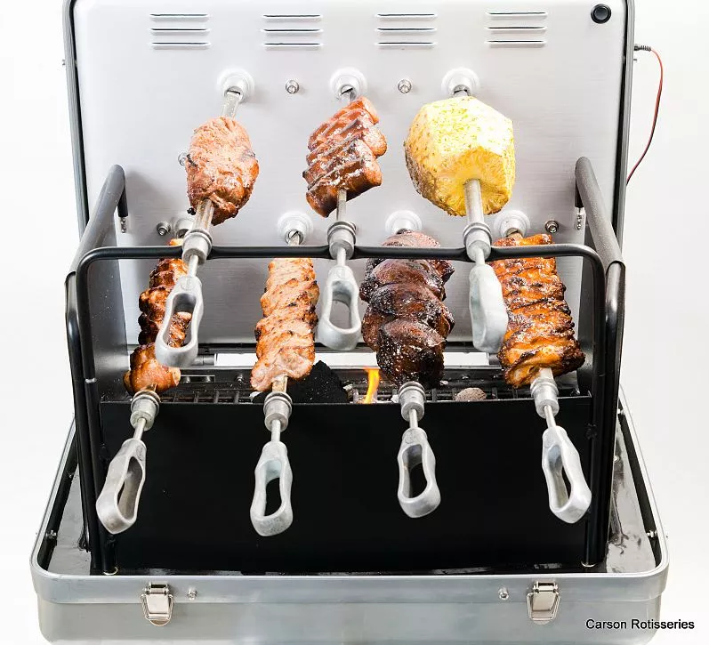 The Carson Portable Rotisserie Grill is a fully-functioning powered rotisserie, that packs away like a briefcase when not in use
