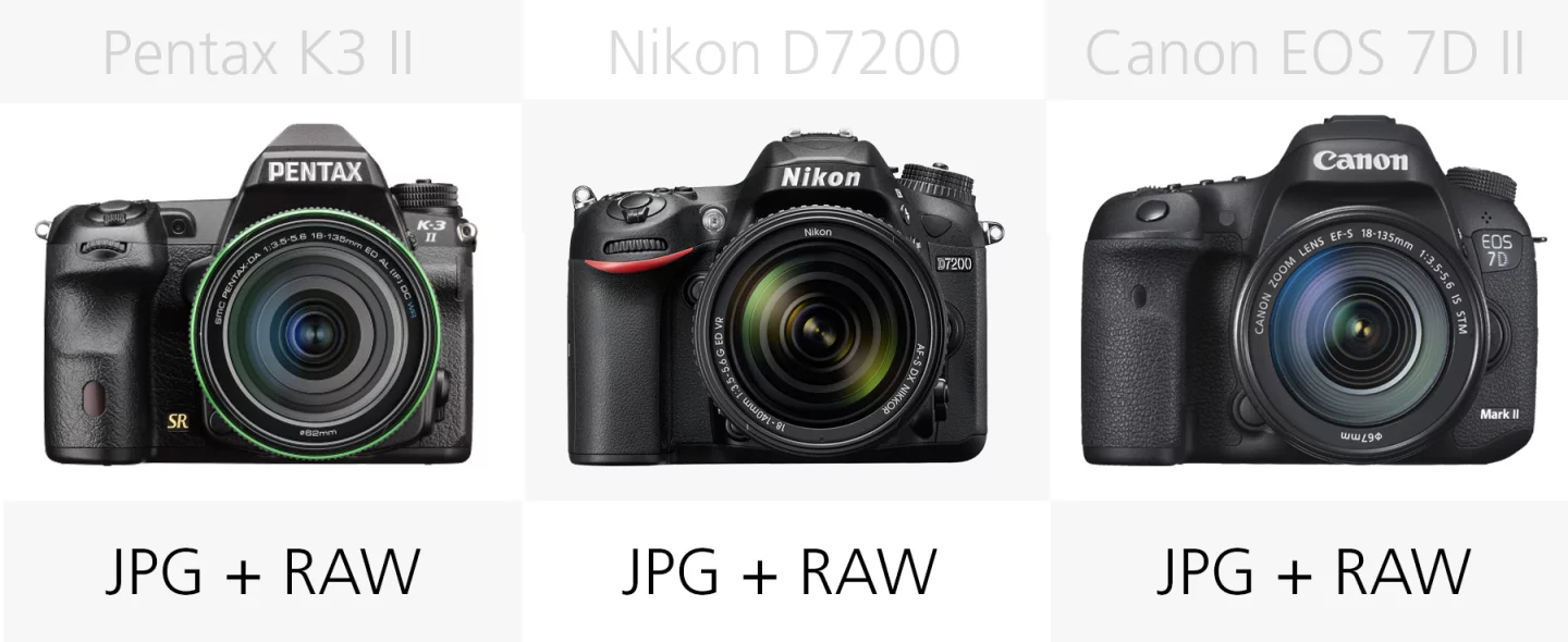 File-type comparison (Pentax K-3 II, Nikon D7200, Canon EOS 7D M2)