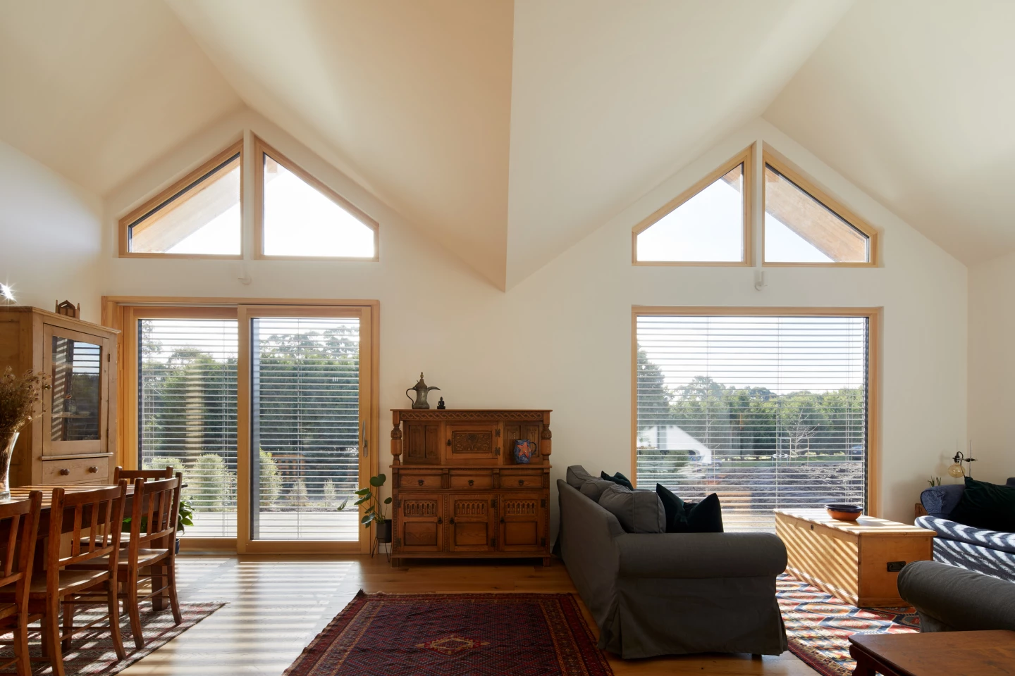 The floor plan is designed to provide passive heating during the cooler months