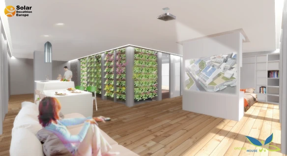 The "Green Core" is walled with vegetation to assist with cooling in the summer and encloses a staircase leading up to a mezzanine