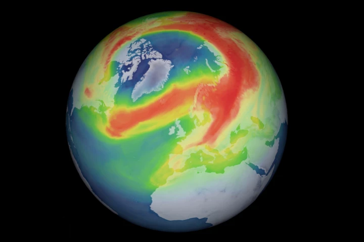 A graphical representation of a hole in the ozone layer over the Arctic