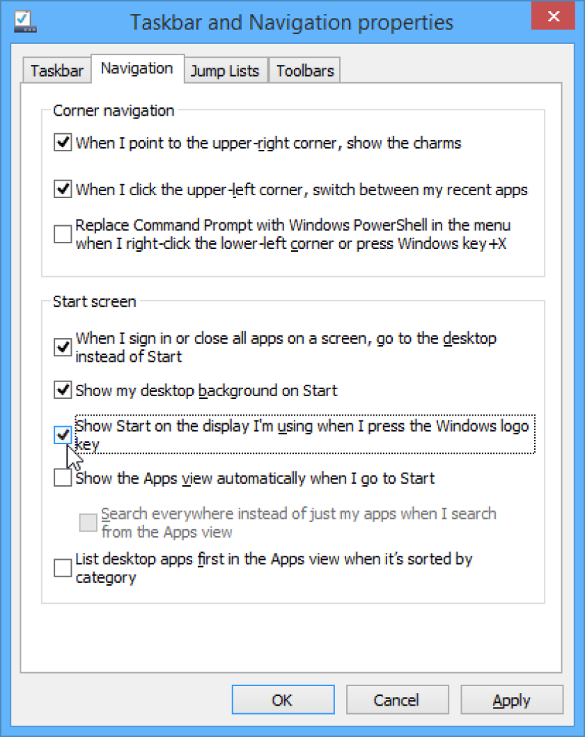 Set the Start screen to display on the monitor you're working on