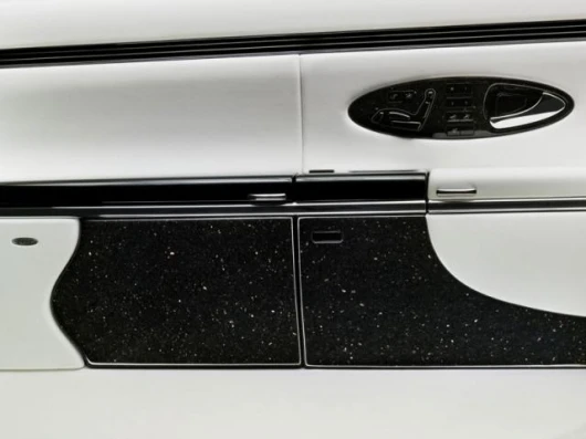 Black trim contrasts with the predominantly white passenger cab