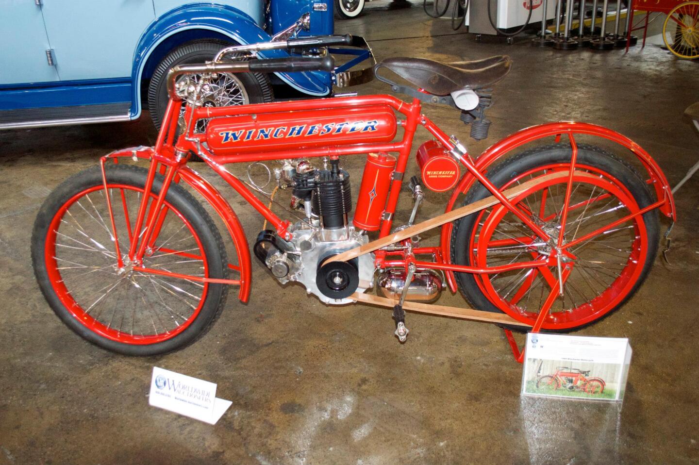 This 1909 Winchester was also auctioned on the same day (August 31, 2013) as the record holder at Worldwide Auctioneers. It attracted a bid of US$520,000 but was passed in as it failed to meet the reserve price. Had it sold, it would have become the third most expensive motorcycle ever to sell at auction.