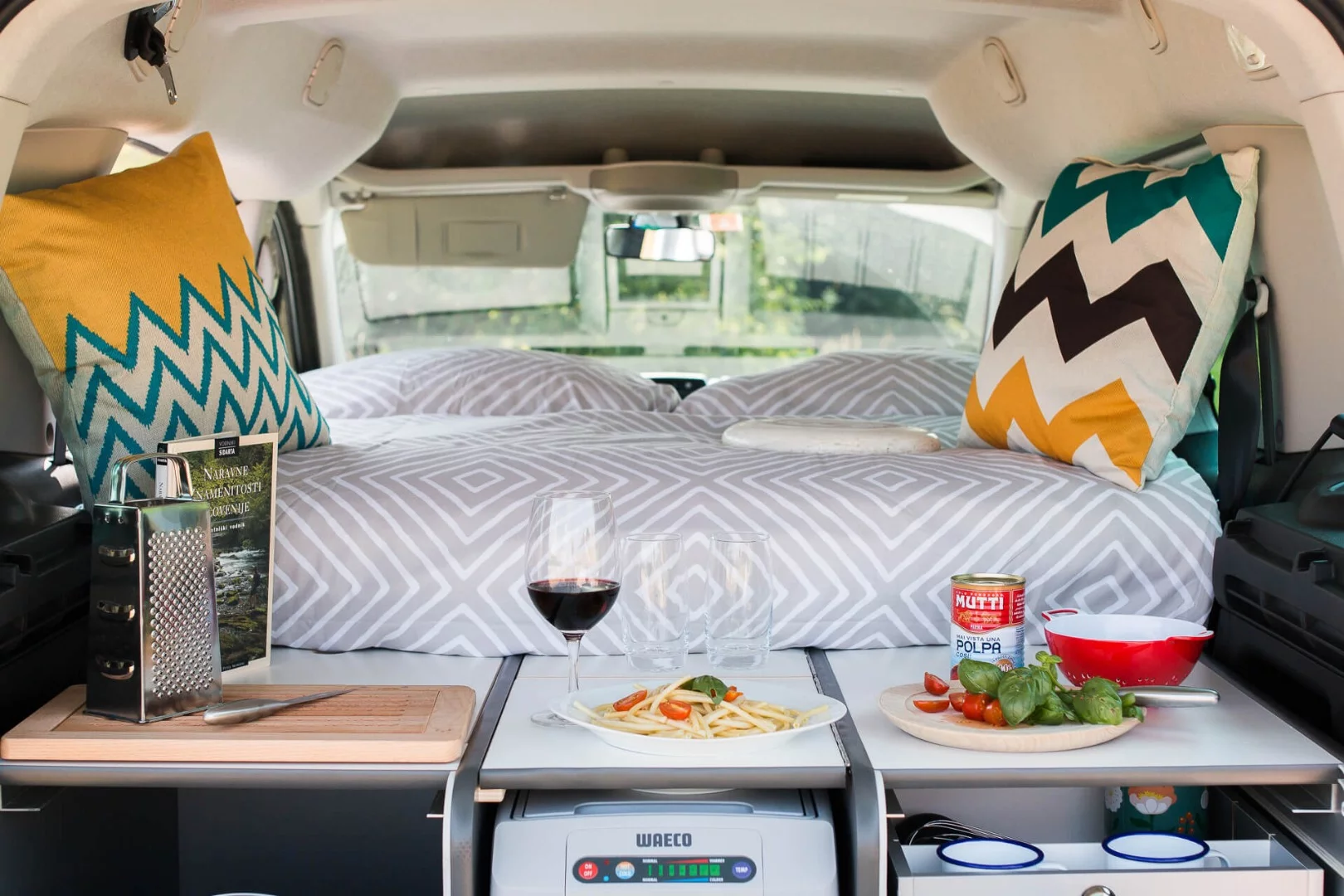 The tops of the galley boxes serve as worktop/table space