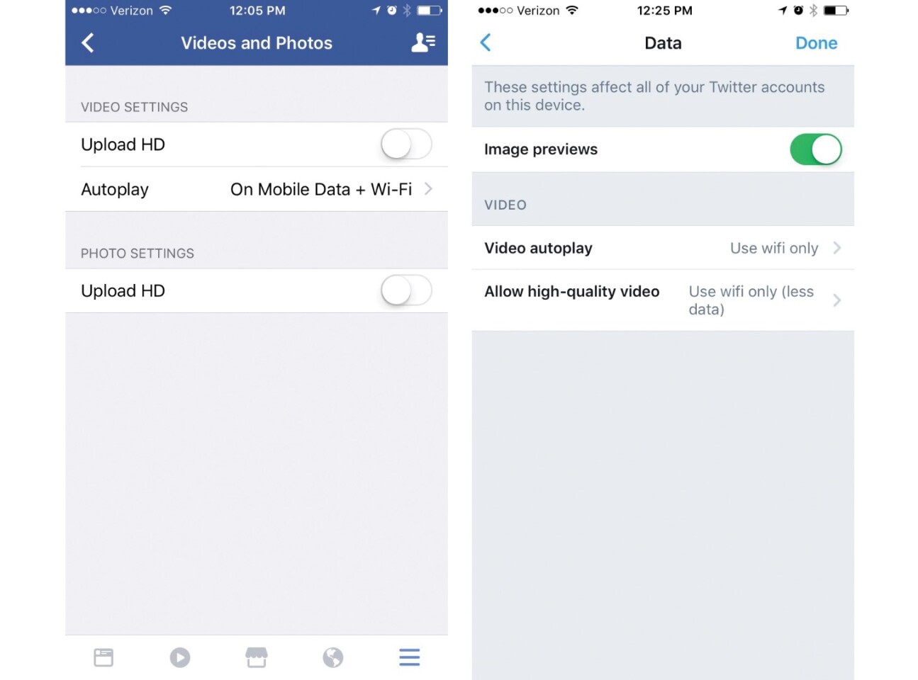 (L) Settings screen for Facebook (R) Settings screen for Twitter