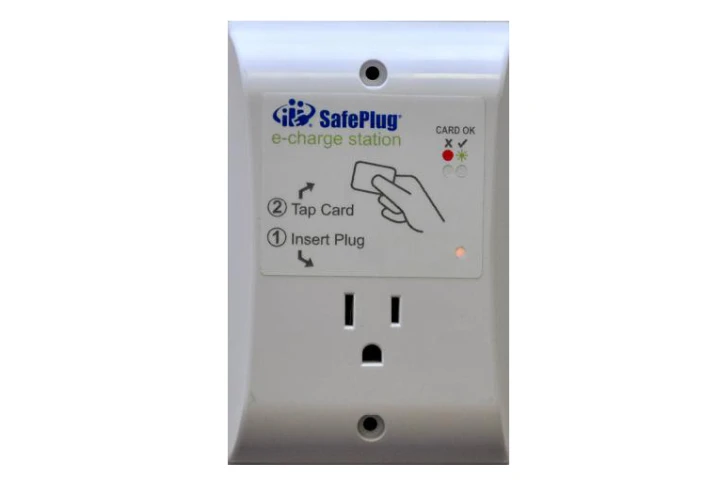 The SafePlug 1200-P3 pay-per-use electrical outlet, for electronic device users who need to recharge on the go