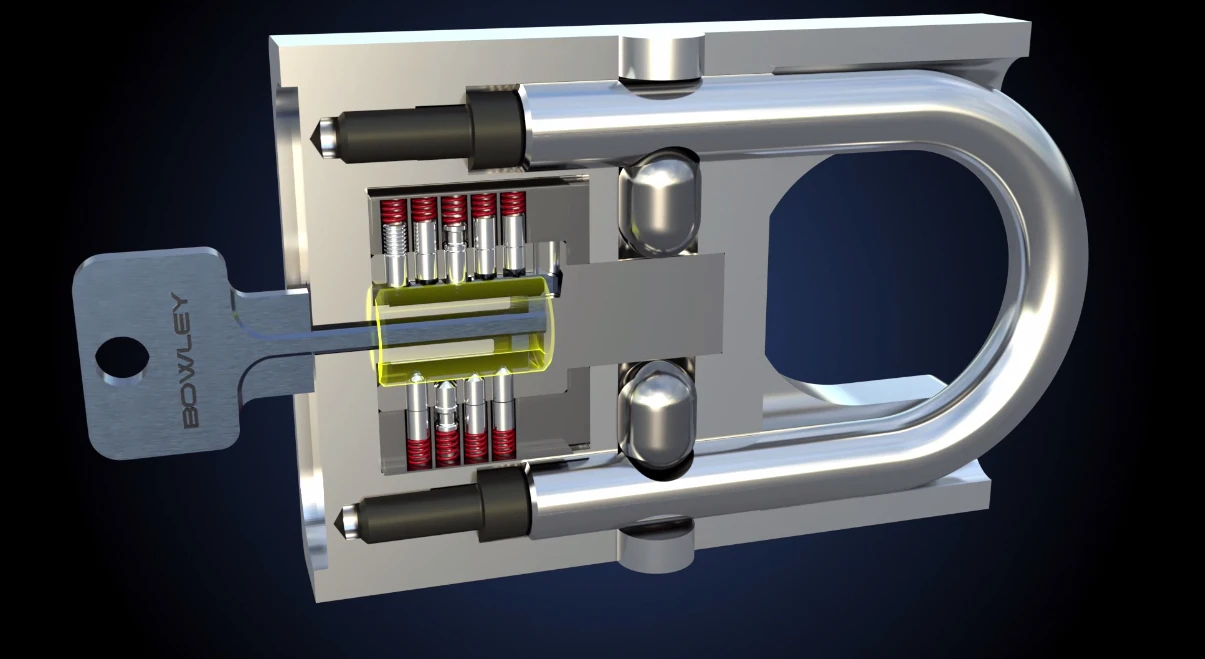 A cutaway view of the Bowley padlock