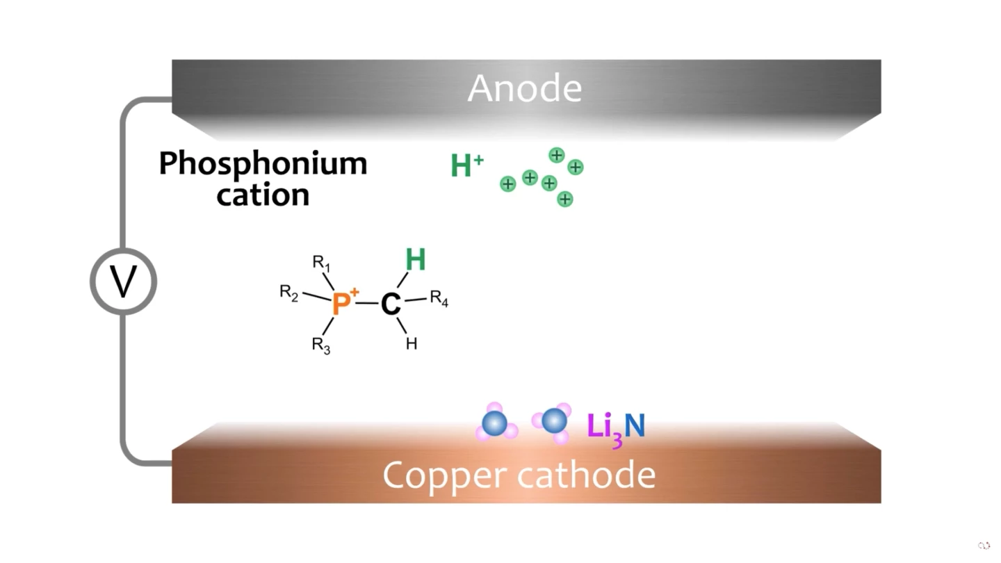 The phosphonium salt carrier molecules cycle back and forth between the anode and cathode, delivering hydrogen molecules to create ammonia