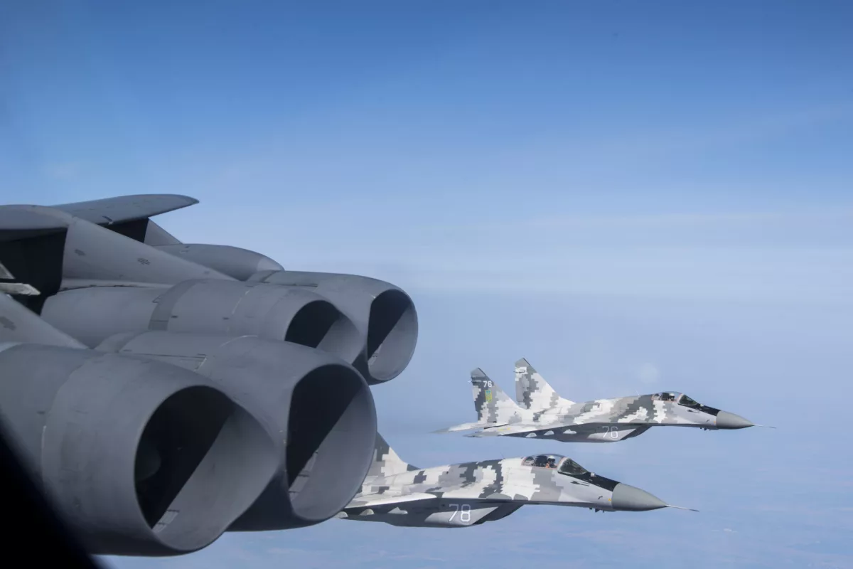 A U.S. B-52H Stratofortress with two Ukrainian MiG-29s