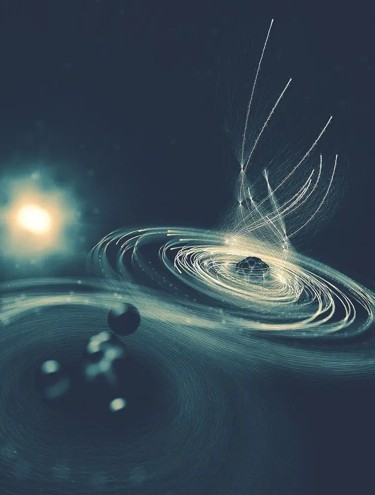 In this illustration, a molecule's iodine atom is struck by an intense x-ray beam, causing it to lose electrons and begin sucking in more from the atoms around it, in what the team calls a molecular black hole effect
