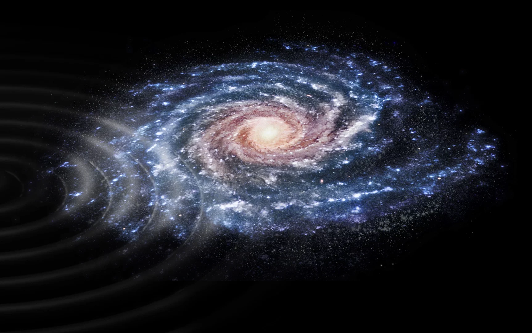 An artist's rendition of ripples in the outer disc of the Milky Way, which are believed to have been caused by a collision with the "ghost" galaxy Antlia 2