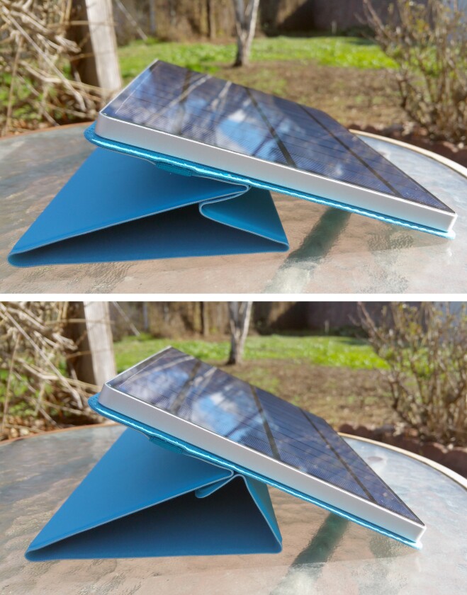 The Solartab's adjustable cover makes it easy to set the ideal angle for best solar charging performance