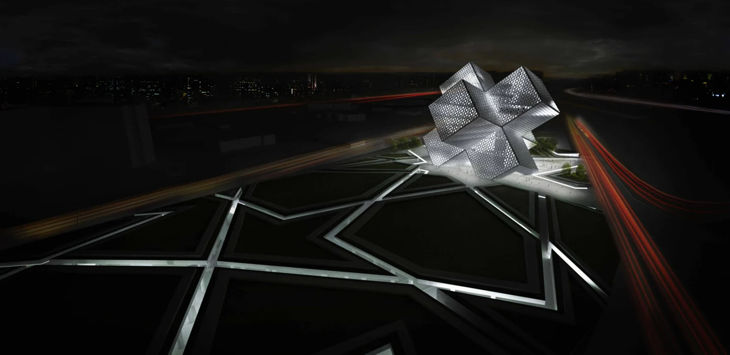 The design resembles an emergency cross symbol that has fallen onto its side, as if affected by an earthquake (image: OODA)