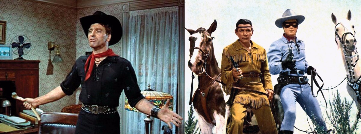 Beyond the flamboyant influence Cohn had on western fashion, Nudie's contributions in film and TV costumes also helped to define western style beyond rhinestones, with Clayton Moore's signature outfit from the Lone Ranger TV series the best known and even low-pizzaz outfits such as Burt Lancaster's black tunic worn throughout The Rainmaker (Paramount, 1956) came from Nudie.