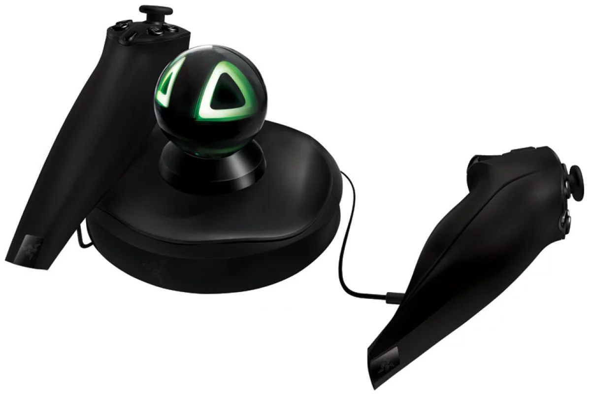The Razer Hydra base station and two motion sensing controllers